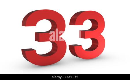 3D Shiny Red Number Thirty Three 33 Isolated on White Background. Stock Photo