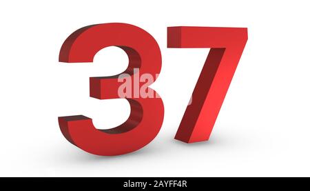 3D Shiny Red Number Thirty Seven 37 Isolated on White Background. Stock Photo