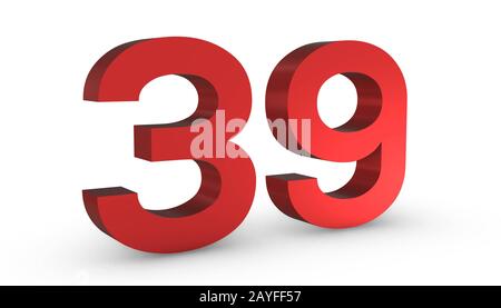3D Shiny Red Number Thirty Nine 39 Isolated on White Background. Stock Photo