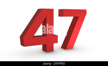 3D Shiny Red Number Forty Seven 47 Isolated on White Background. Stock Photo