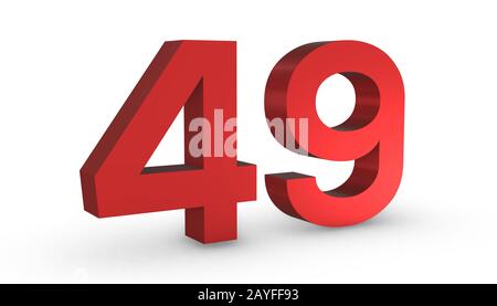 3D Shiny Red Number Forty Nine 49 Isolated on White Background. Stock Photo