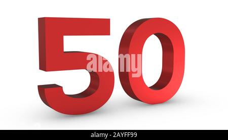 3D Shiny Red Number Fifty 50 Isolated on White Background. Stock Photo