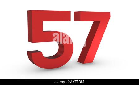 3D Shiny Red Number Fifty Seven 57 Isolated on White Background. Stock Photo