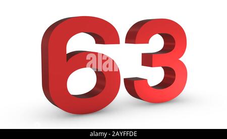 3D Shiny Red Number Sixty Three 63 Isolated on White Background. Stock Photo