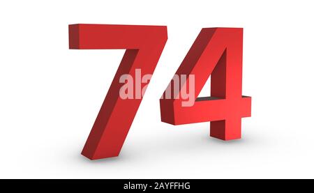 3D Shiny Red Number Seventy Four 74 Isolated on White Background. Stock Photo