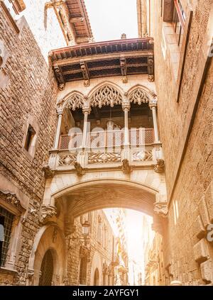 Barcelona, Spain - September 24, 2016. View of the Pont del Bisbe bridge crossing from the Generalitat's Palace to the Canon's House in Barcelona, Spa Stock Photo