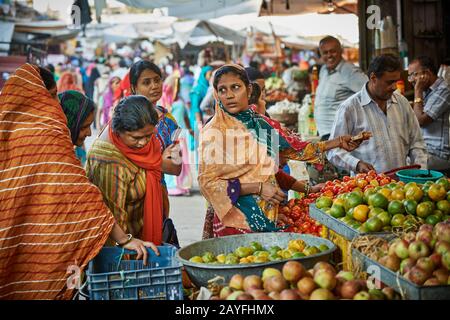 colorful streetlife  on market of Jodhpur, Rajasthan, India Stock Photo