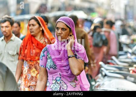 colorful streetlife  on market of Jodhpur, Rajasthan, India Stock Photo