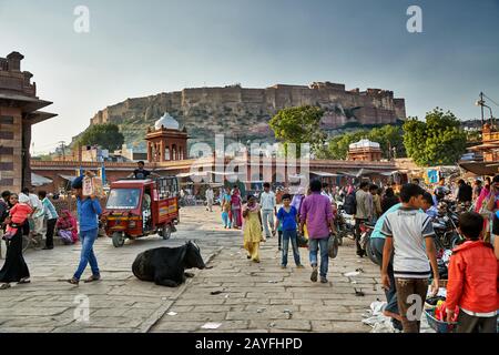 colorful streetlife  on market of Jodhpur, Rajasthan, India Stock Photo