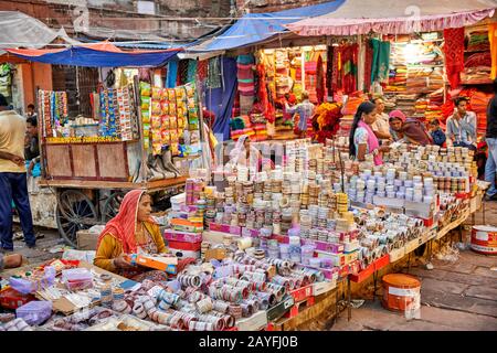 colorful streetlife  on market of Jodhpur, Rajasthan, India Stock Photo