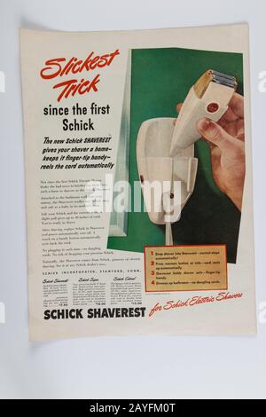 1946 Life Magazine Advertising for Schick Electric Razors, USA Stock Photo