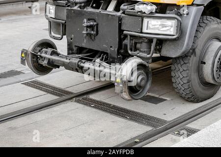 tram line track maintenance vehicle doing rail repair and cleaning