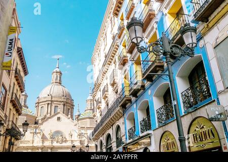 ZARAGOZA, SPAIN - 14 JULY 2018: Zaragoza street near the Pilar Cathedral Stock Photo