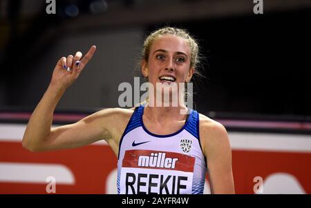 Great Britain’s Jemma Reekie celebrates after winning the 1500m during the Muller Indoor Grand Prix at Emirates Arena, Glasgow. Stock Photo