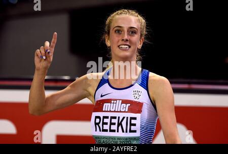 Great Britain’s Jemma Reekie celebrates after winning the 1500m during the Muller Indoor Grand Prix at Emirates Arena, Glasgow. Stock Photo