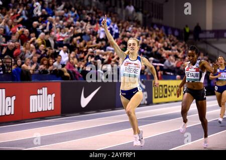 Great Britain’s Jemma Reekie celebrates after winning the 1500m during the Muller Indoor Grand Prix at Emirates Arena, Glasgow. Stock Photo