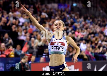 Great Britain’s Jemma Reekie celebrates after winning the 1500m during the Muller Indoor Grand Prix at Emirates Arena, Glasgow. Stock Photo