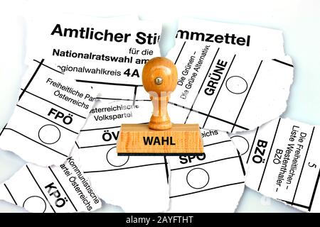 stamp lettering Wahl, election, and torn ballot papers of election in Austria, Austria Stock Photo