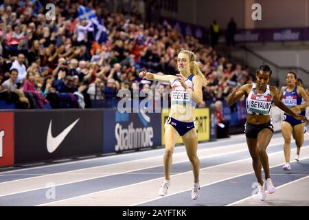 Great Britain’s Jemma Reekie celebrates after winning the 1500m during the Muller Indoor Grand Prix at Emirates Arena, Glasgow. Stock Photo