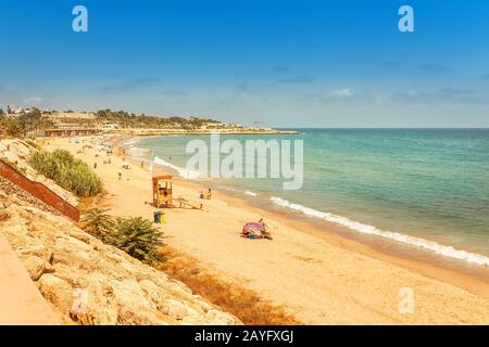 16 JULY 2018, TARRAGONA, SPAIN: Panoramic view of the Tarragona city beach, Costa Dorada seaside Stock Photo
