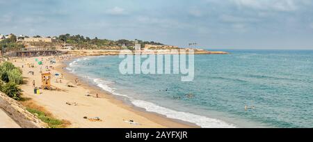 16 JULY 2018, TARRAGONA, SPAIN: Panoramic view of the Tarragona beach, Costa Dorada seaside Stock Photo