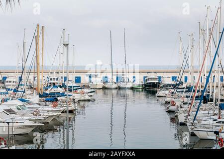 16 JULY 2018, TARRAGONA, SPAIN: Many Yachts parked in Port Stock Photo