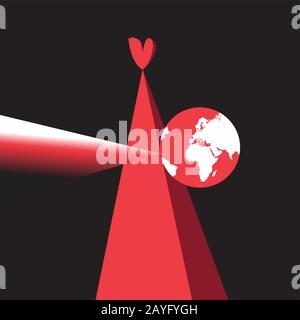 Vector red heart and planet earth on a dark background. Stock Vector