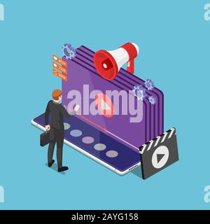 Flat 3d isometric businessman play online video streaming on smartphone. Video content marketing and movie streaming service concept. Stock Vector