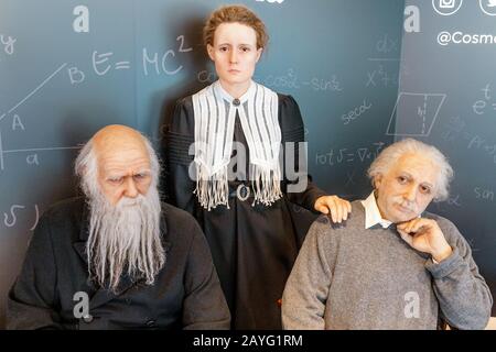 28 JULY 2018, BARCELONA, SPAIN: the wax figure of Albert Einstein, chemist Mendeleev and physicist madame Curie in Cosmocaixa science museum Stock Photo