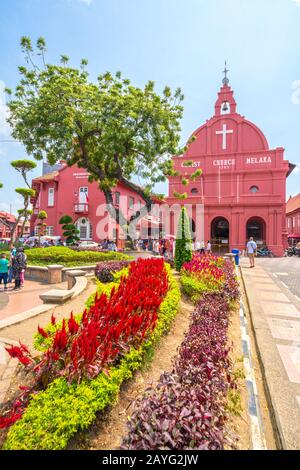 Malacca, Malaysia - February 22, 2018: Scenic view of the Christ Church Malacca and Dutch Square. It has been listed as UNESCO World Heritage Site sin Stock Photo