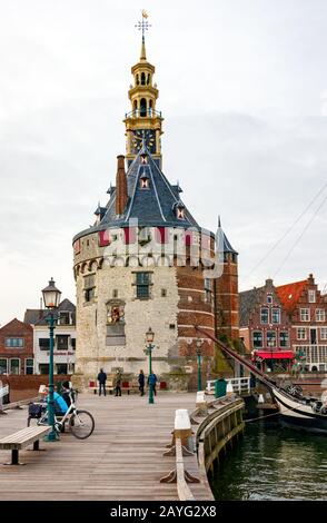 View of the Hoofdtoren (Main Tower), one of Hoorns few remaining medievel defenses. Cloudy sky. Hoorn, North Holland, The Netherlands. Stock Photo