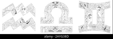 Air Signs Zodiac Libra, Gemini, Aquarius. Vector zentangle object for coloring Stock Vector