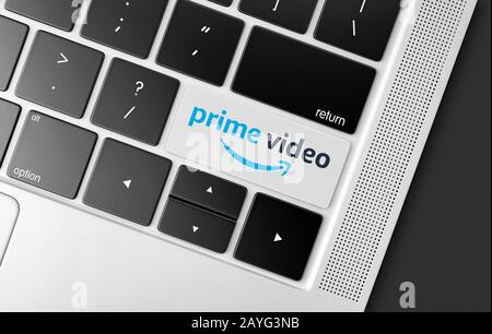 Dedicated Amazon Prime video key on a black computer keyboard, concept picture of global communications and mo Stock Photo