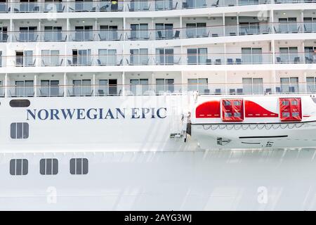 29 JULY 2018, BARCELONA, SPAIN: Row of Lifeboats and cabins on a huge Cruise Ship Stock Photo