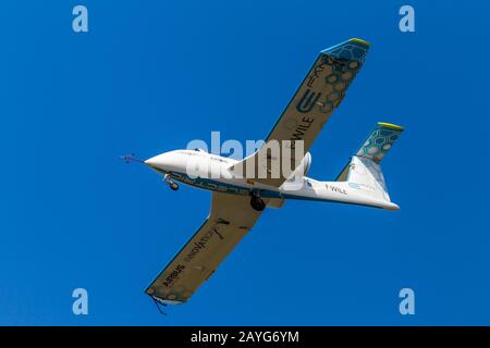 Farnborough, UK - July 15, 2014: Airbus flies the E-Fan at the Farnborough Int'l Airshow, a prototype all-electric aircraft used as a technology demon Stock Photo