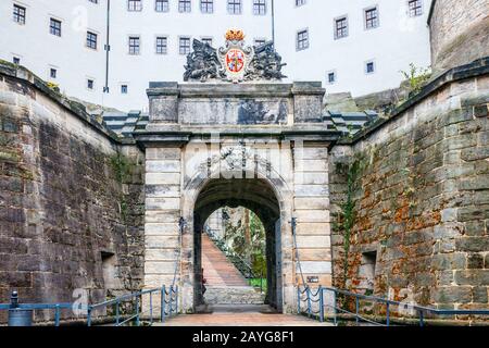 Heavily fortified entranceway of the Konigstein Fortress. Konigstein, Saxony, Germany, Stock Photo