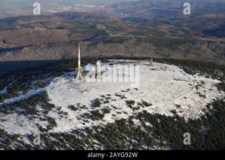 Aerial view of Mount Brocken in winter. Highest peak of the Harz mountains, Saxony-Anhalt, Germany. Stock Photo