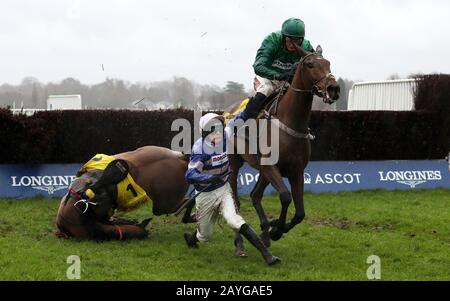 Cyrname ridden by Harry Cobden is a faller in The Betfair Ascot Steeple ...