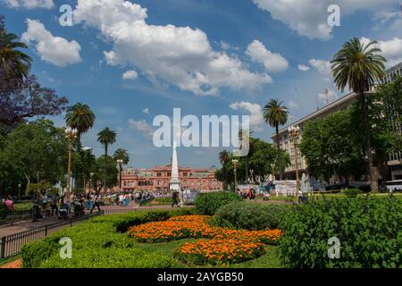 View of Plaza de Mayo in Buenos Aires, Argentina with Casa Rosada (Presidential Palace) in the background. Stock Photo