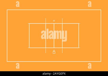 Illustration of a sports volleyball court. Top view for easy use in strategy or background. White marking lines on orange. Flat style. Stock Photo