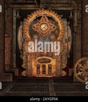 Steampunk rusty room with a big cog wheel Stock Photo