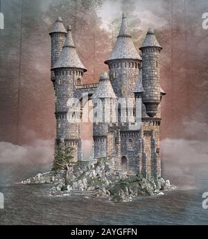 Enchanted castle on a mysterious island in a misty lake Stock Photo