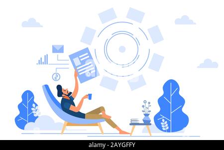 Downshifting escaping office people working with notebook sitting relaxed. Man working online a happy mood with a Cup of coffee. Vector flat Stock Vector