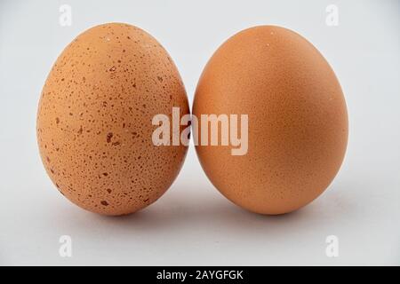 Two chicken eggs on a white background Stock Photo