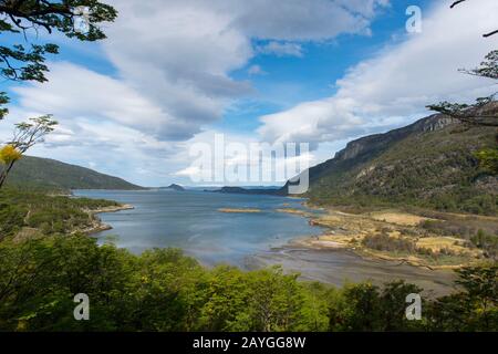 View of Bahia Lapataia (Lapataia Bay), a fjord in Tierra del Fuego National Park in the extreme south of Argentina near Ushuaia which is connected to Stock Photo