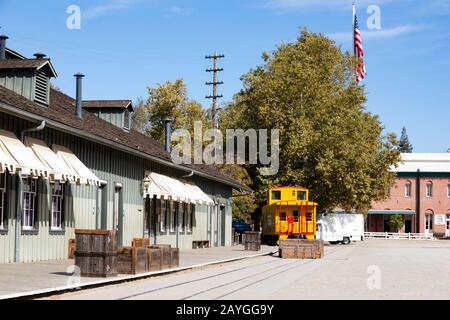 Union Pacific caboose #25256 at the California State Railroad Museum. Old Town, Sacramento, State capital of California, United States of America Stock Photo
