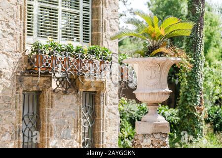 28 JULY 2018, BARCELONA, SPAIN: Close-up decor detail of the Park Guell by Antoni Gaudi in Barcelona Stock Photo