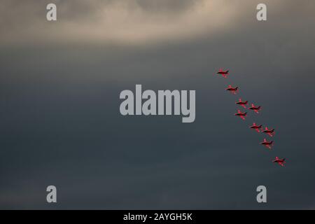 The Royal Air Force "Red Arrows" precision display team flies in formation during a display in Halifax, Nova Scotia, Canada. Stock Photo