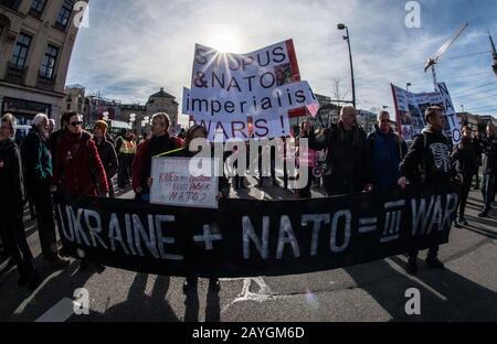 Munich, Bavaria, Germany. 15th Feb, 2020. Protests against the Munich Security Conference 2020 edition where some 5,000 demonstrators assembled under different banners against the MSC and NATO. Credit: Sachelle Babbar/ZUMA Wire/Alamy Live News Stock Photo