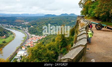 Aerial view of the Konigstein town, the Elbe river valley from the defensive walls of the Konigstein Fortress. Konigstein, Saxony, Germany. Stock Photo